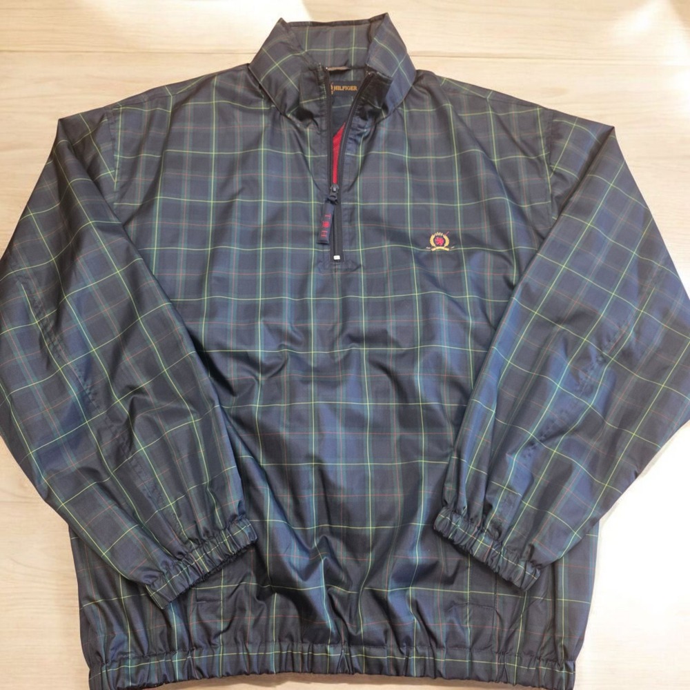 Vtg Golf Tommy Hilfiger 1/4 Zip Pullover Plaid Packable w/‎ Hood - XL